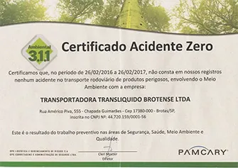 Certificado Acidente zero Pamcary